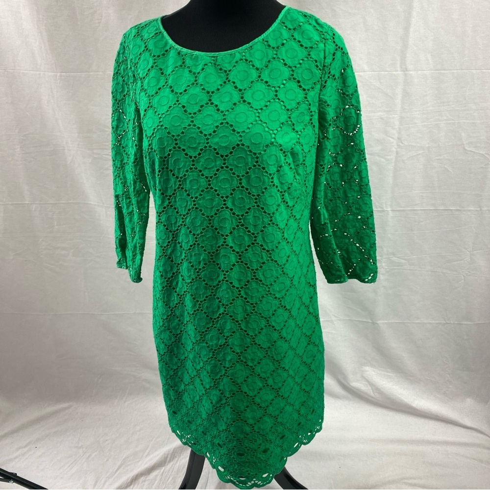 Talbots Green Cotton Eyelet Lace Short Shift Dress 3/4 Sleeves Size 12